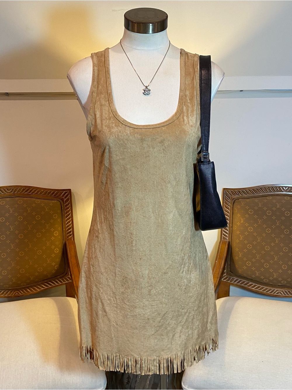 Vintage Y2K Tan Suede Fringe Mini Dress Boho Western Coachella Indie Size S